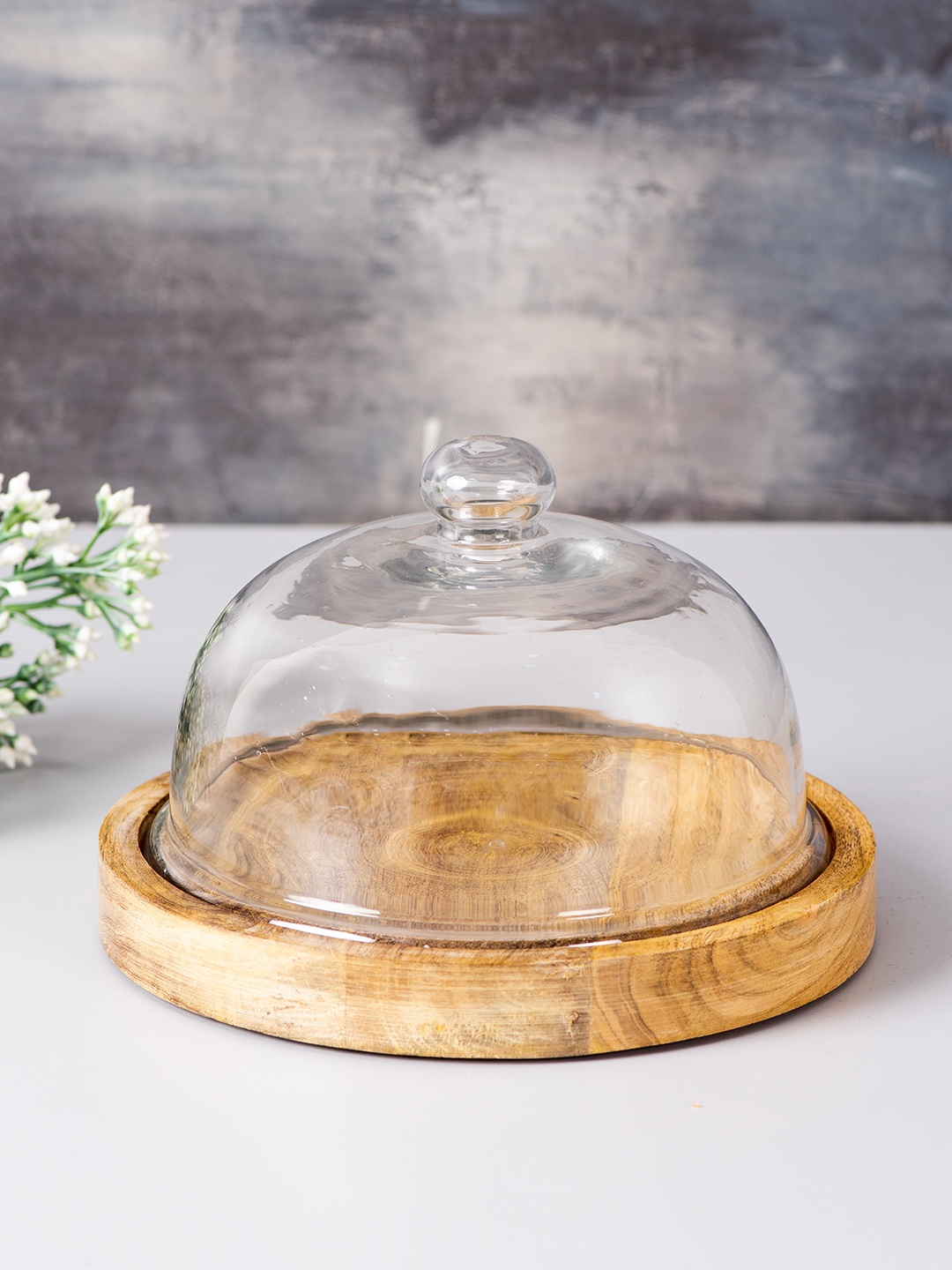 

nestroots Brown Wooden Cake Stand With Transparent Glass Dome