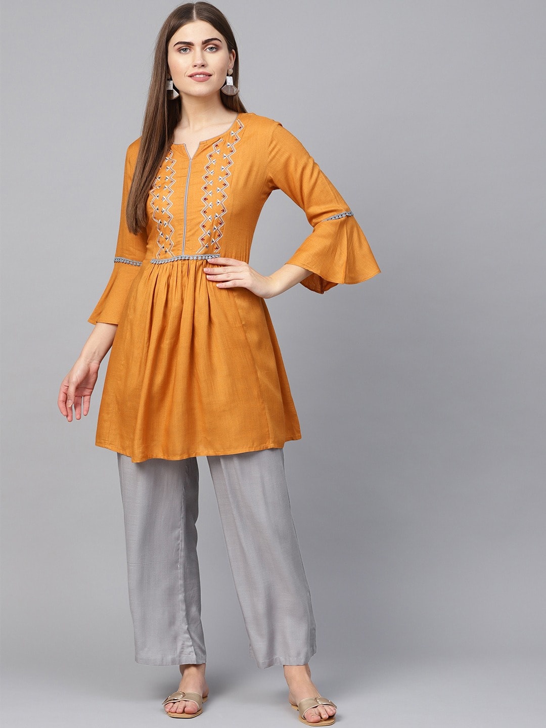 

Yuris Women Mustard Yellow & Grey Embroidered Tunic with Palazzos