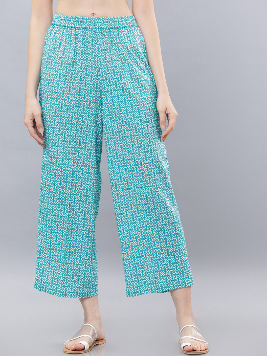 

Vishudh Women Turquoise Blue & White Printed Straight Palazzos
