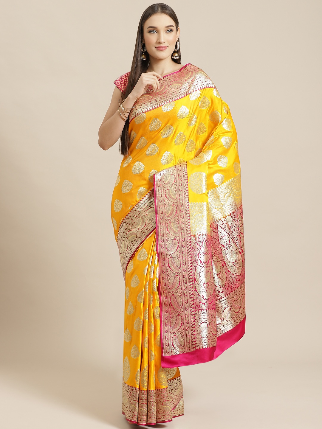 

Chhabra 555 Yellow & Pink Woven Design Banarasi Handloom Saree