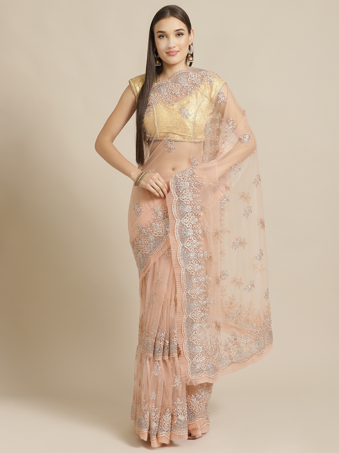 

Chhabra 555 Peach-Coloured & Silver Embroidered Saree
