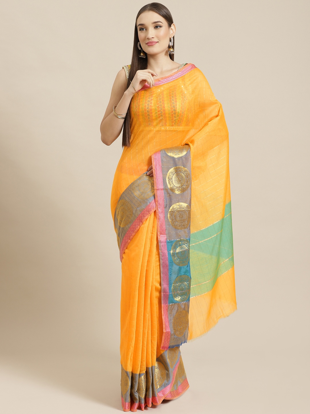 

Chhabra 555 Yellow & Golden Checked Chanderi Saree with Zari Work