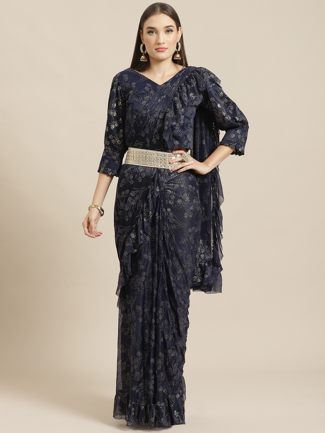 

Chhabra 555 Navy Blue & Golden Foil Print Read-To-Wear Belted Saree