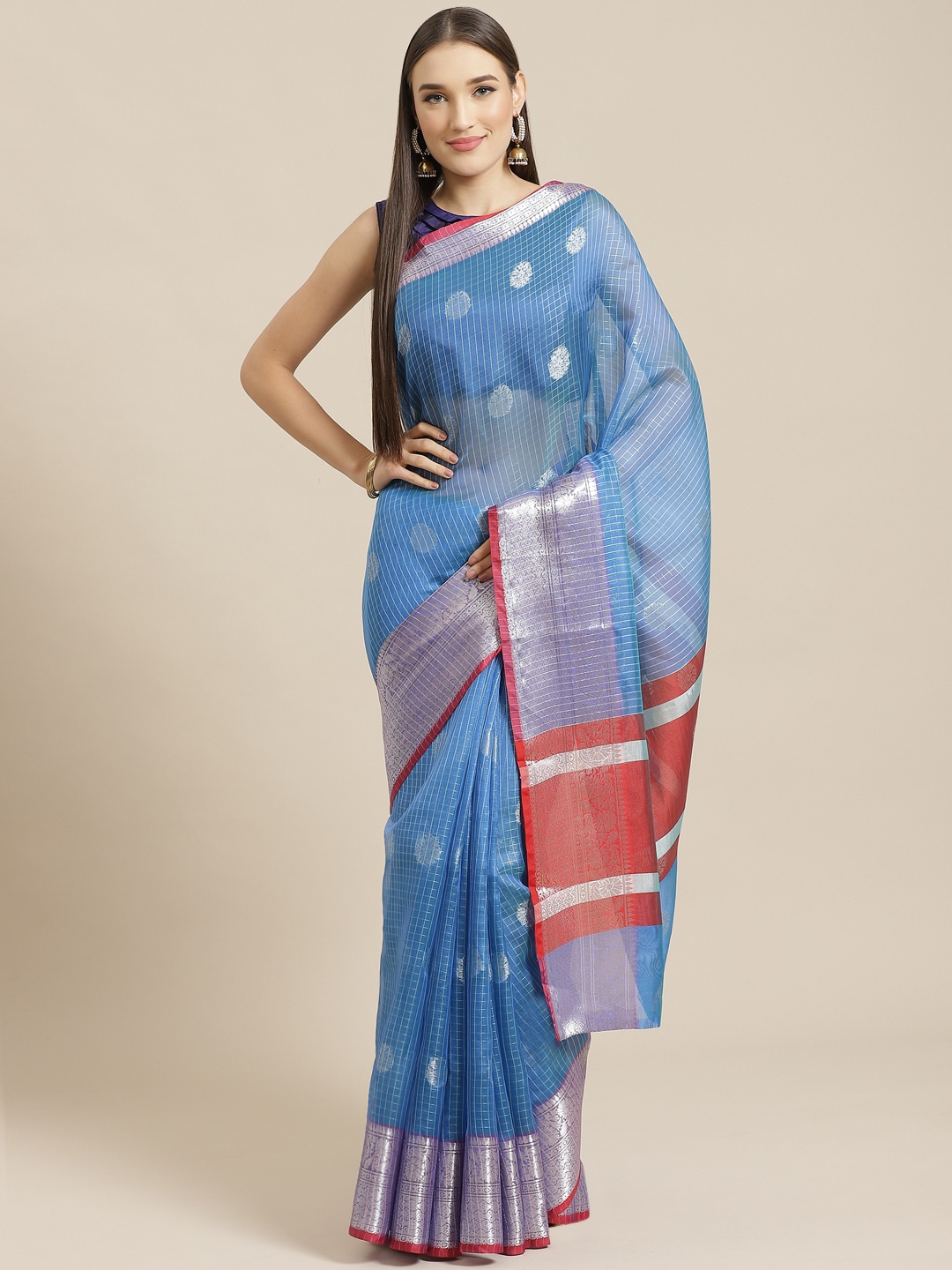 

Chhabra 555 Blue & Silver Woven Design Chanderi Handloom Saree