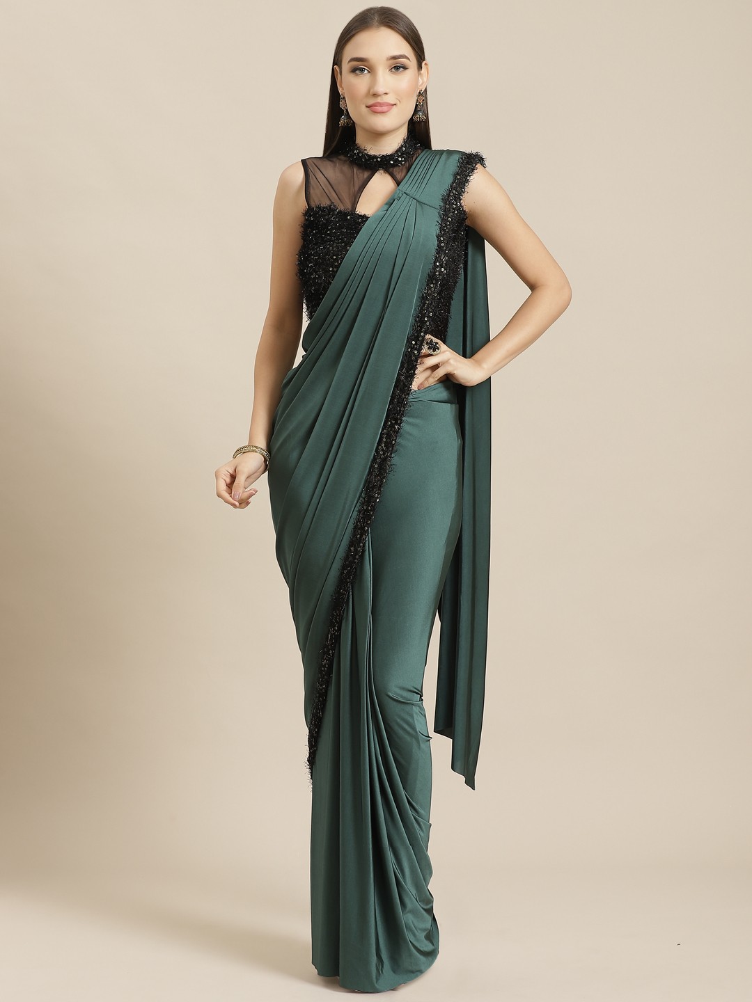 

Chhabra 555 Green Solid Ready To Wear Saree
