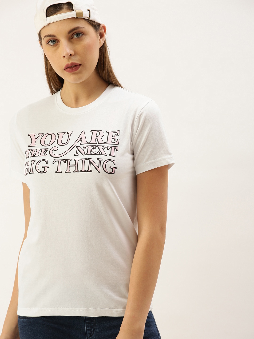 

DILLINGER Women White Printed Round Neck Regular Fit Pure Cotton T-shirt