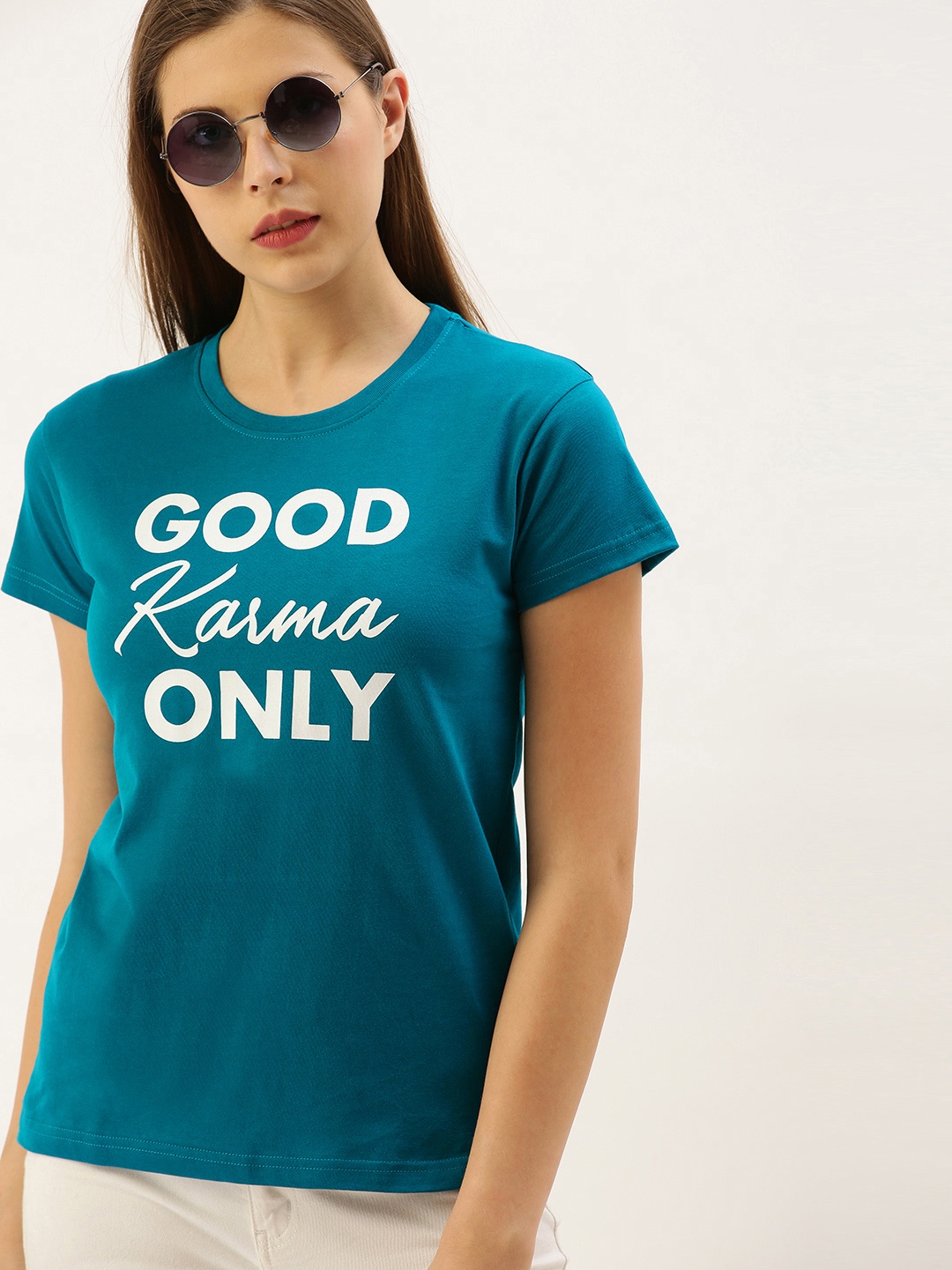 

DILLINGER Women Teal Blue Printed Round Neck Regular Fit Pure Cotton T-shirt