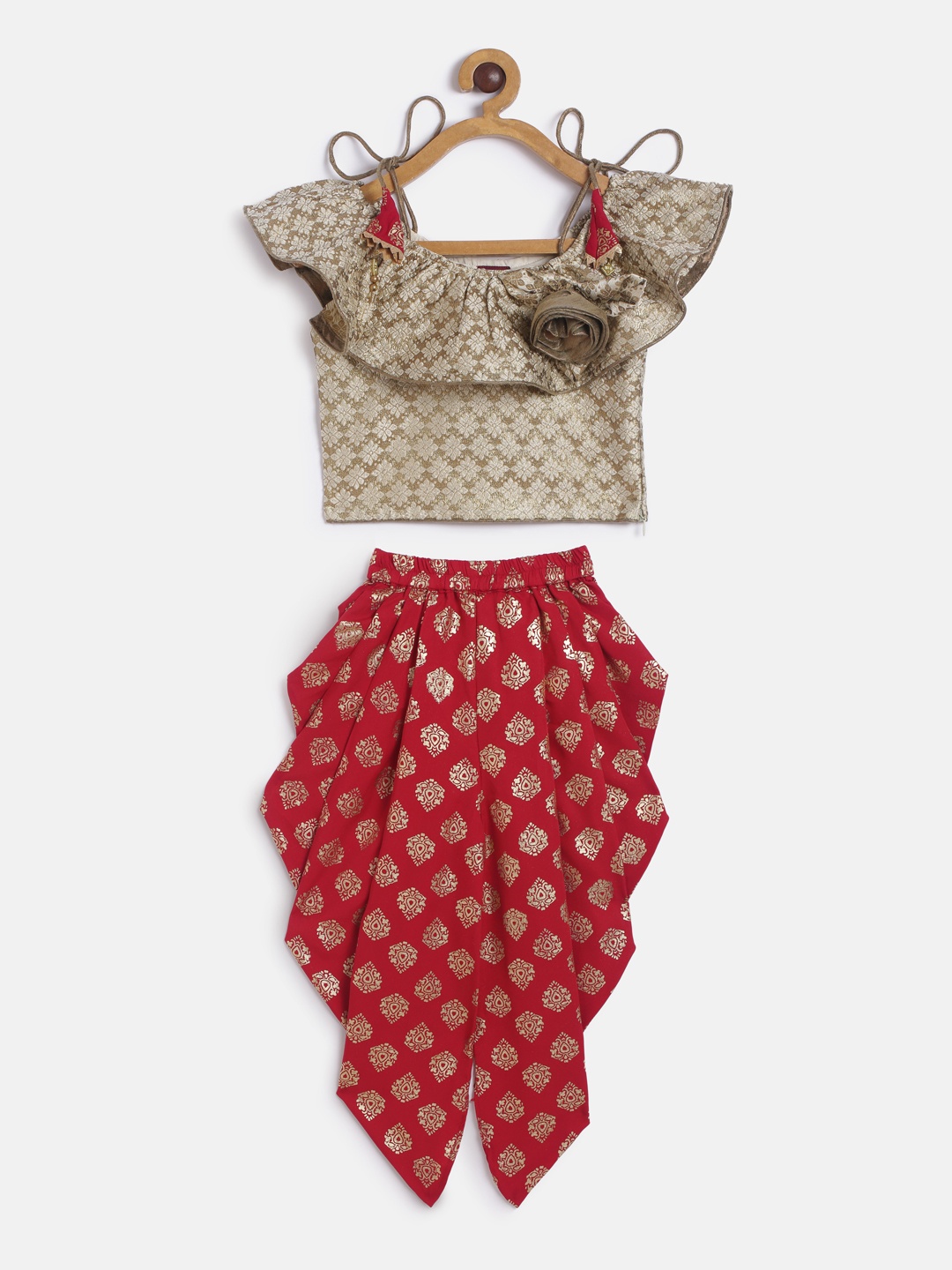 

Twisha Girls Cream-Coloured & Red Self Design Top with Dhoti Pants