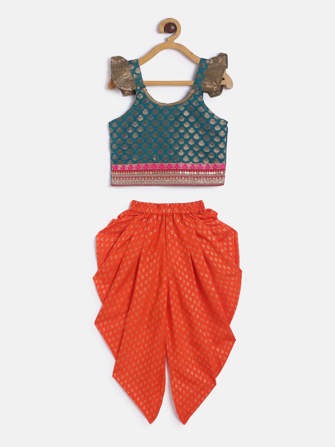 

Twisha Girls Green & Orange Self Design Top with Dhoti Pants