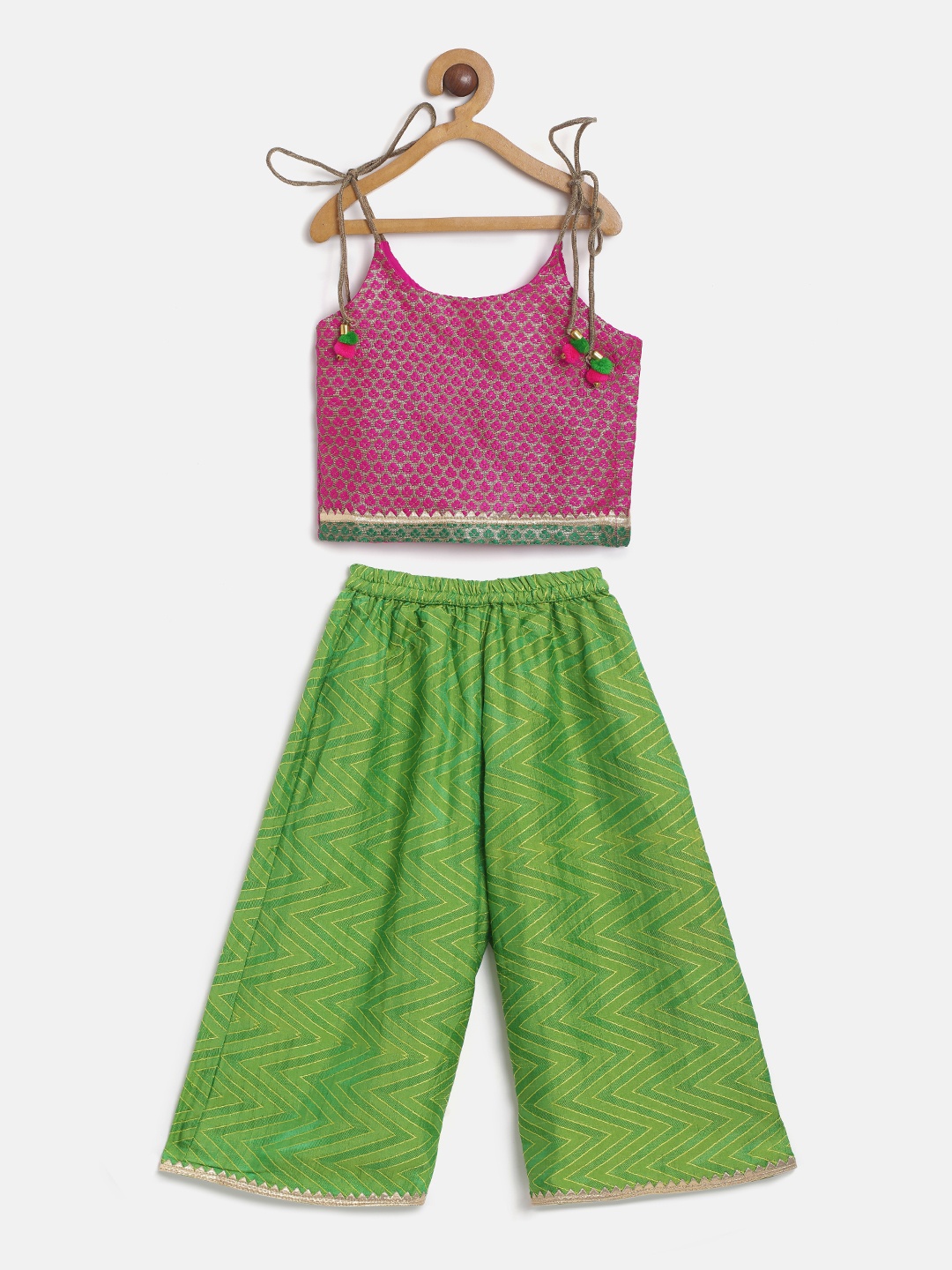 

Twisha Girls Pink & Green Self Design Top with Palazzos