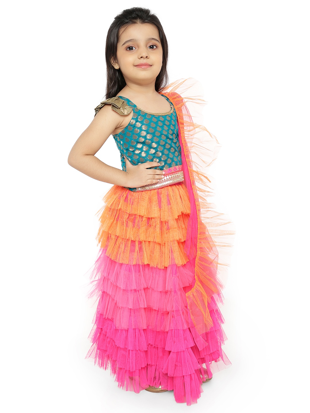 

Twisha Girls Teal Green & Orange Self Design Top with Skirt