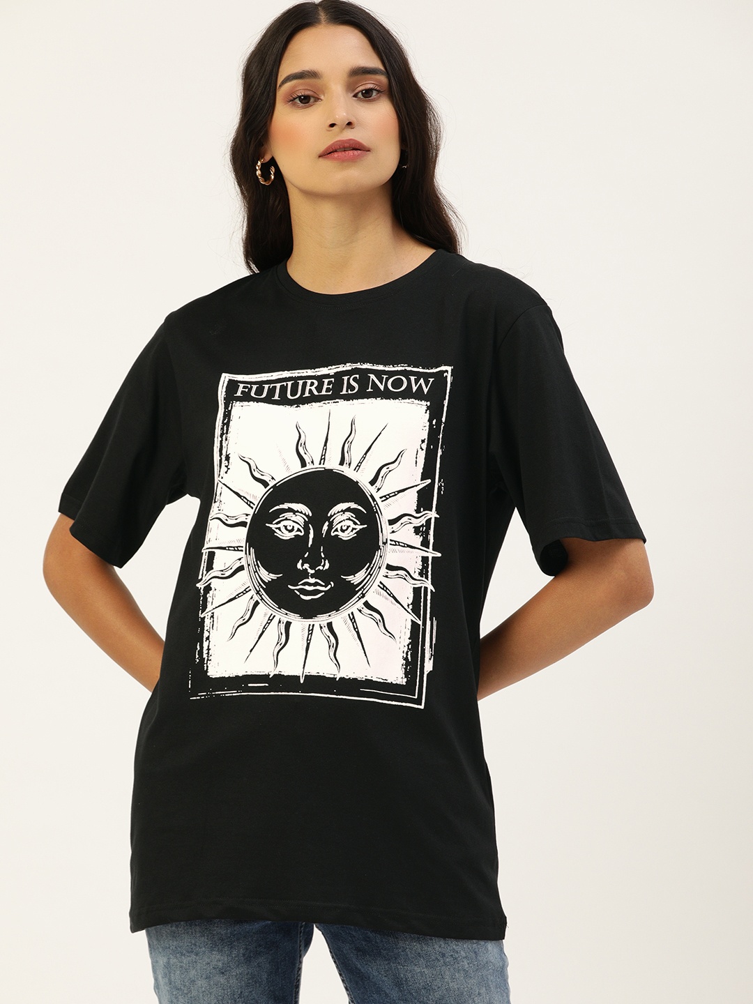 

DILLINGER Women Black Printed Round Neck Longline Oversized Pure Cotton T-shirt