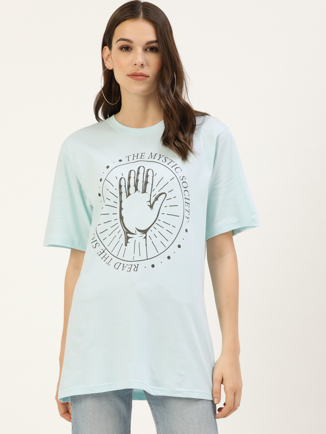 

DILLINGER Women Blue Printed Round Neck Longline Oversized Pure Cotton T-shirt