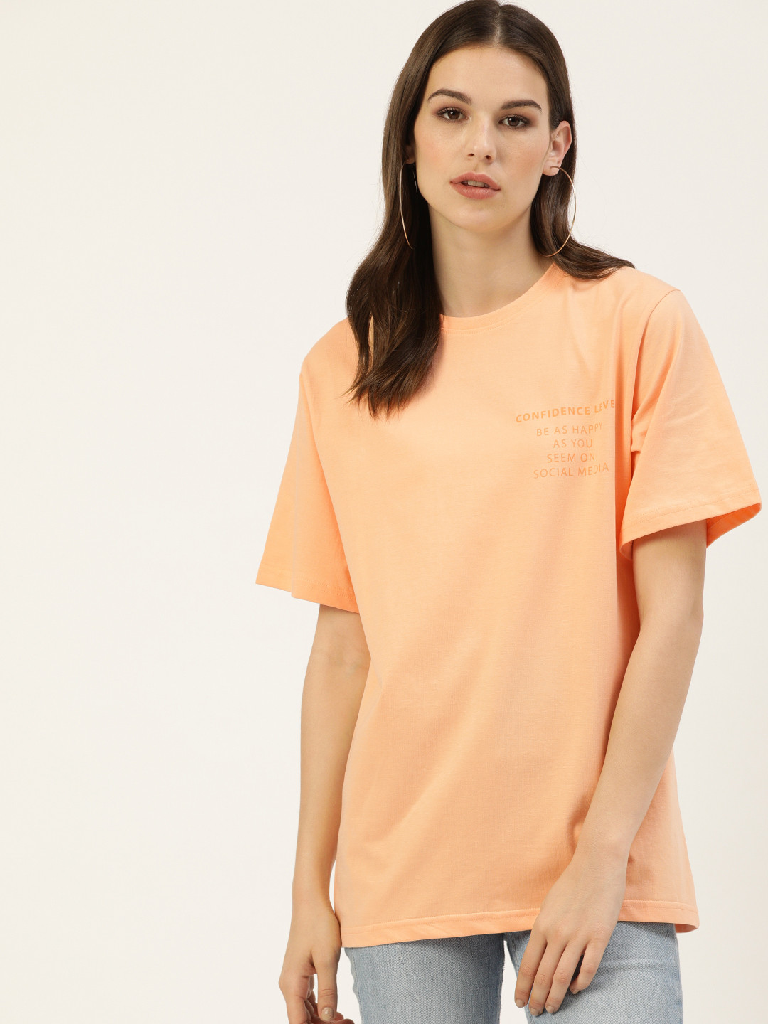 

DILLINGER Women Peach-Coloured Printed Round Neck Longline Oversized Pure Cotton T-shirt