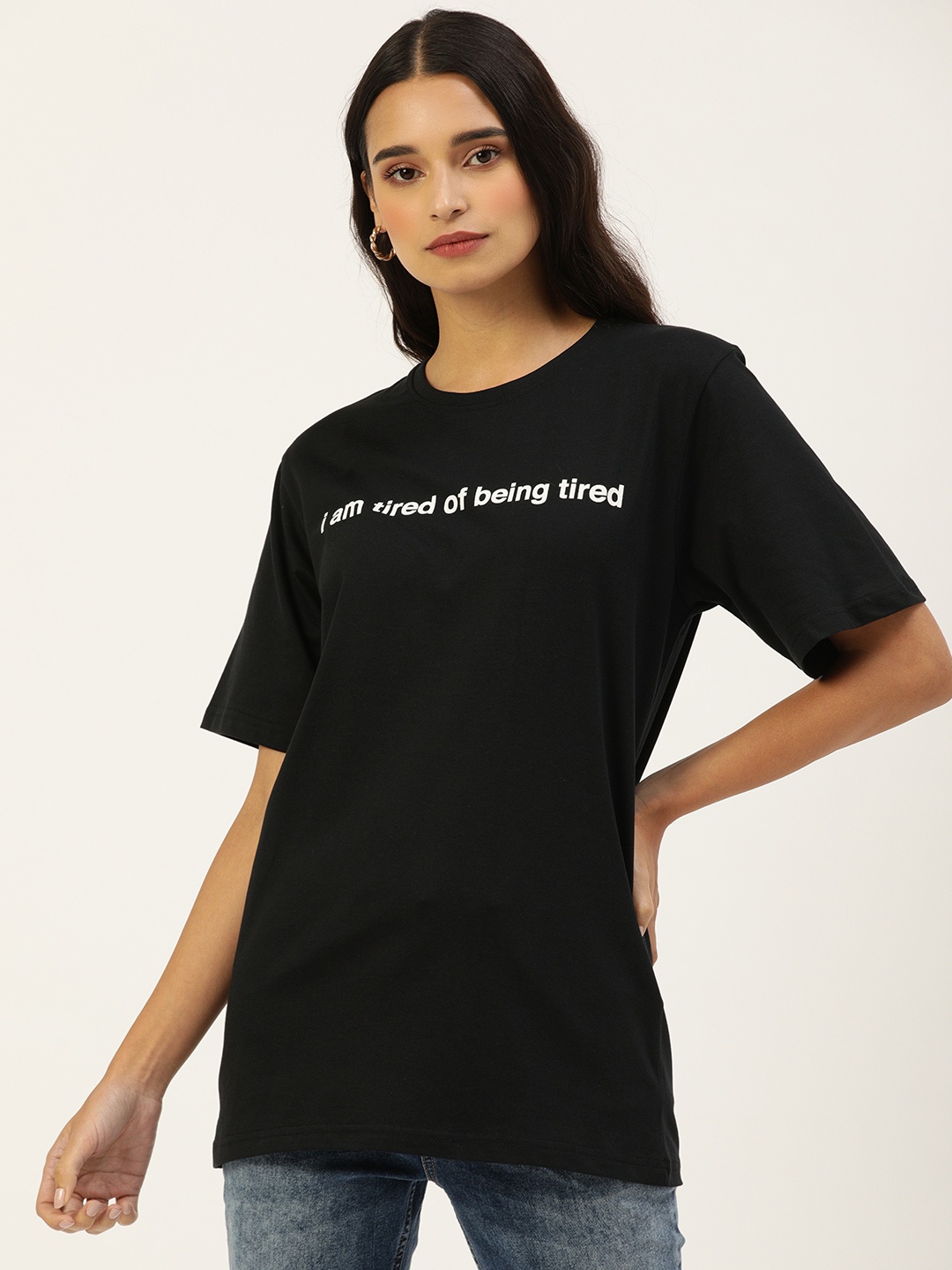 

DILLINGER Women Black Printed Round Neck Longline Oversized Pure Cotton T-shirt