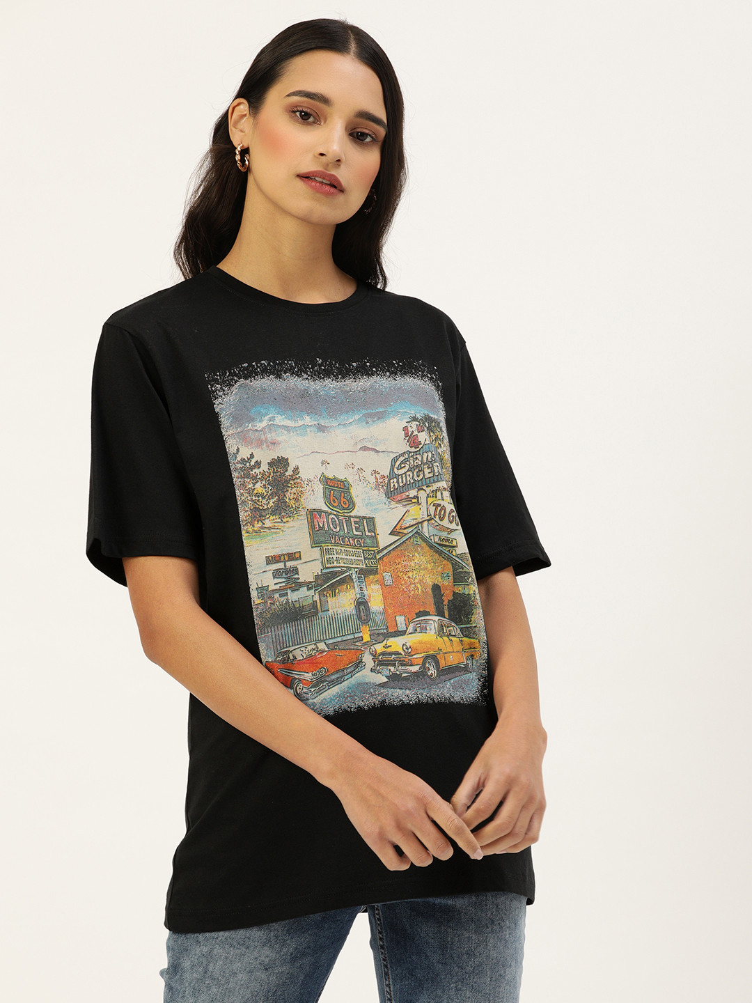 

DILLINGER Women Black Printed Longline Oversized Cotton Pure Cotton T-shirt