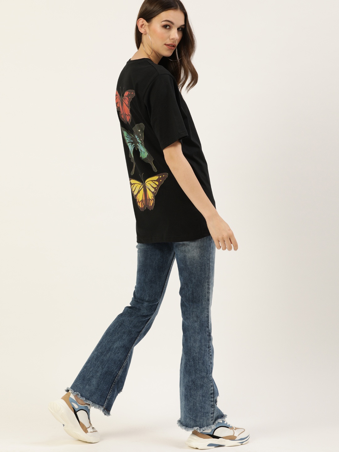 

DILLINGER Women Black Back Printed Round Neck Longline Oversized Pure Cotton T-shirt