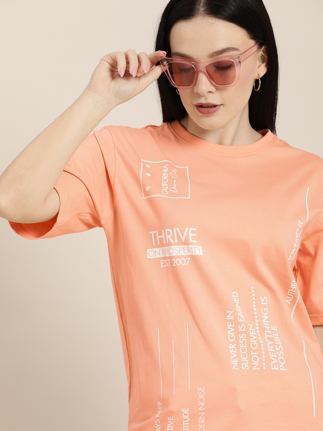 

DILLINGER Women Pink Typography Printed Cotton Oversized Pure Cotton T-shirt