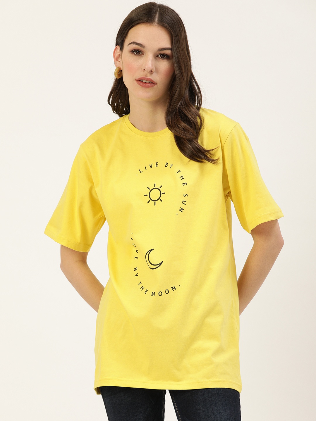 

DILLINGER Women Yellow Printed Round Neck Longline Oversized Pure Cotton T-shirt