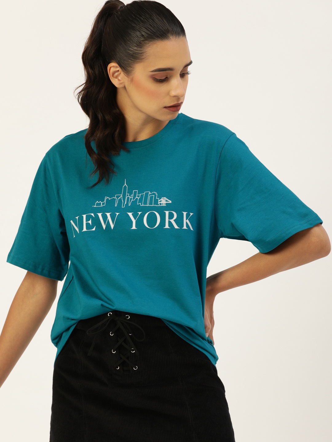 

DILLINGER Women Teal Blue Printed Round Neck Longline Oversized Pure Cotton T-shirt