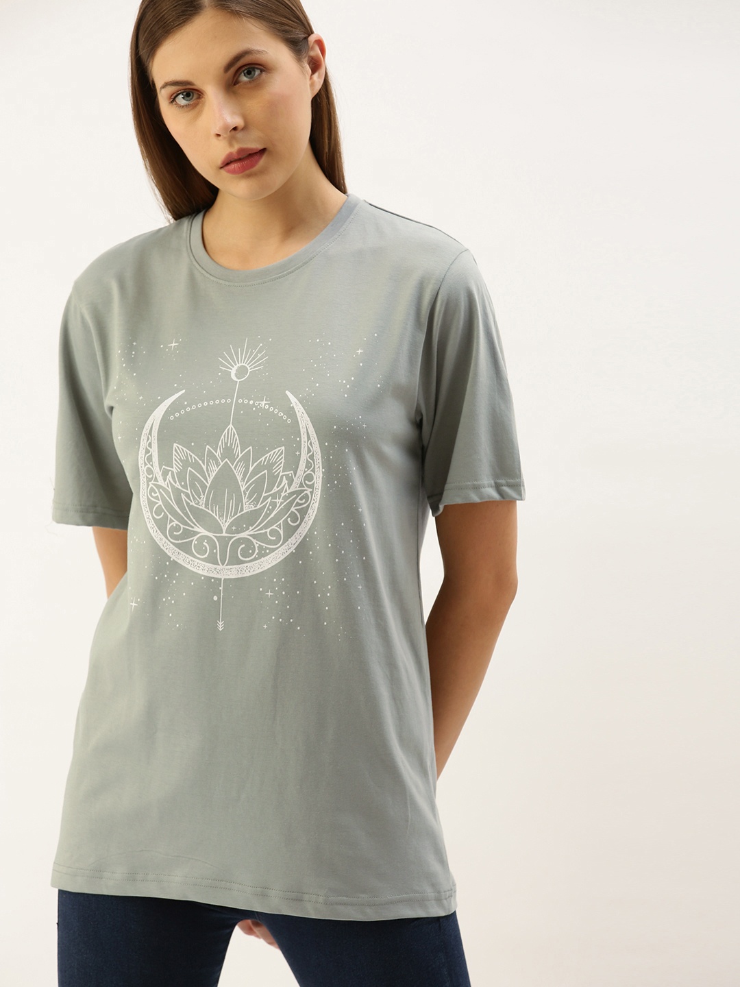 

DILLINGER Women Grey Printed Round Neck Longline Oversized Pure Cotton T-shirt