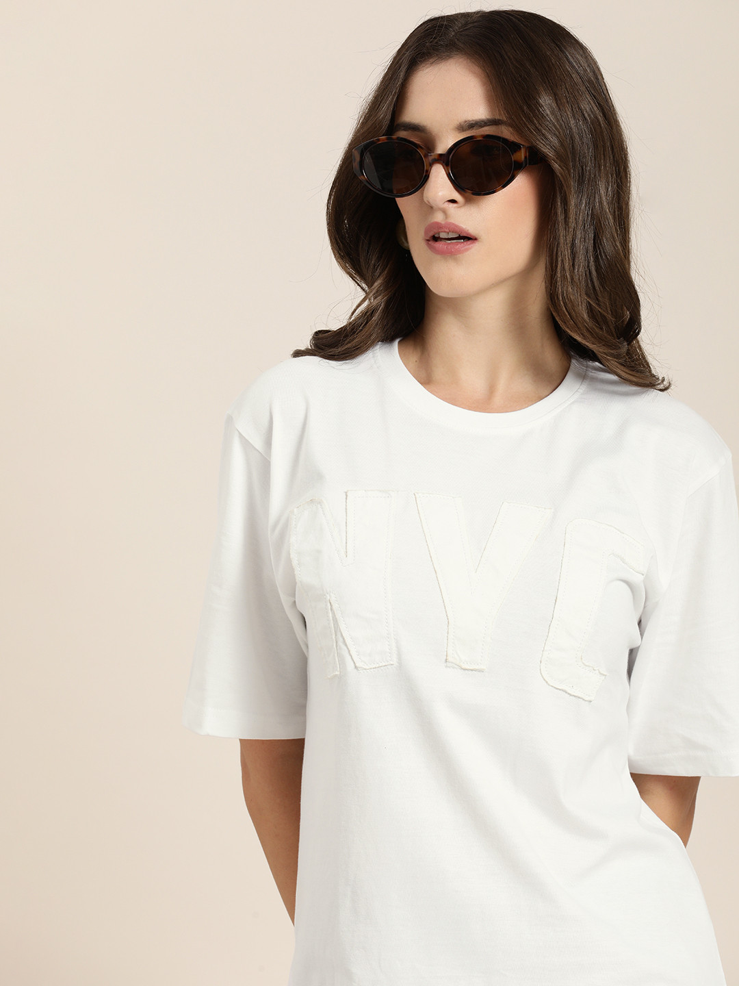 

DILLINGER Women White Solid Typography Applique Oversized Pure Cotton T-shirt