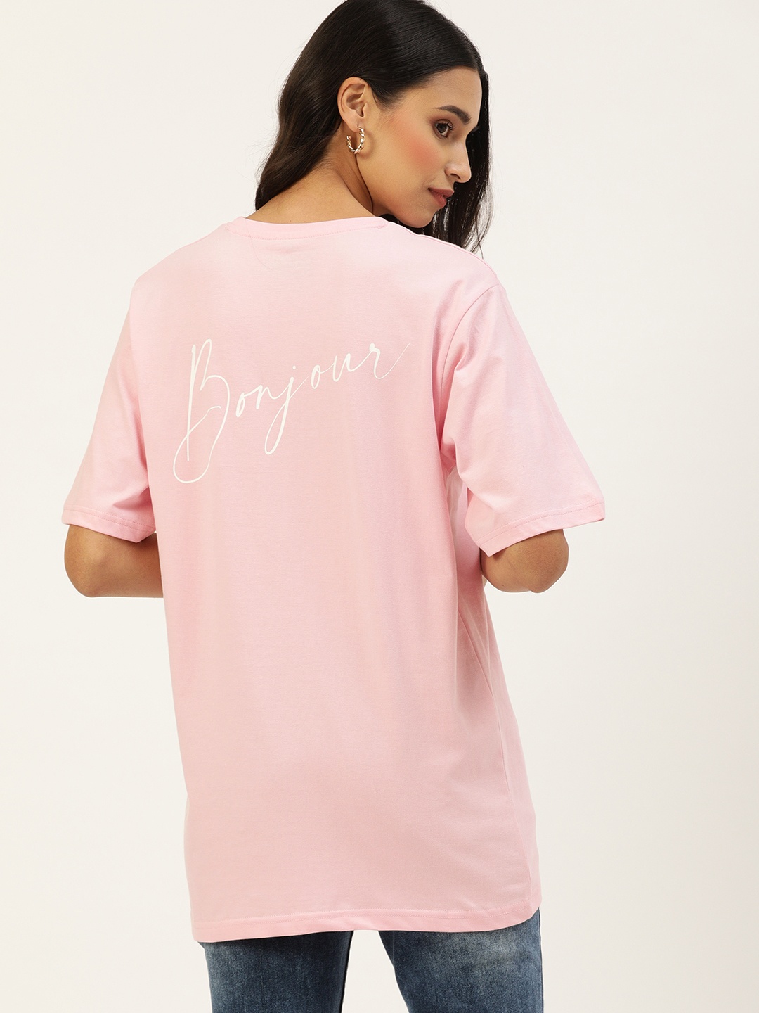 

DILLINGER Women Pink Back Printed Round Neck Longline Oversized Pure Cotton T-shirt