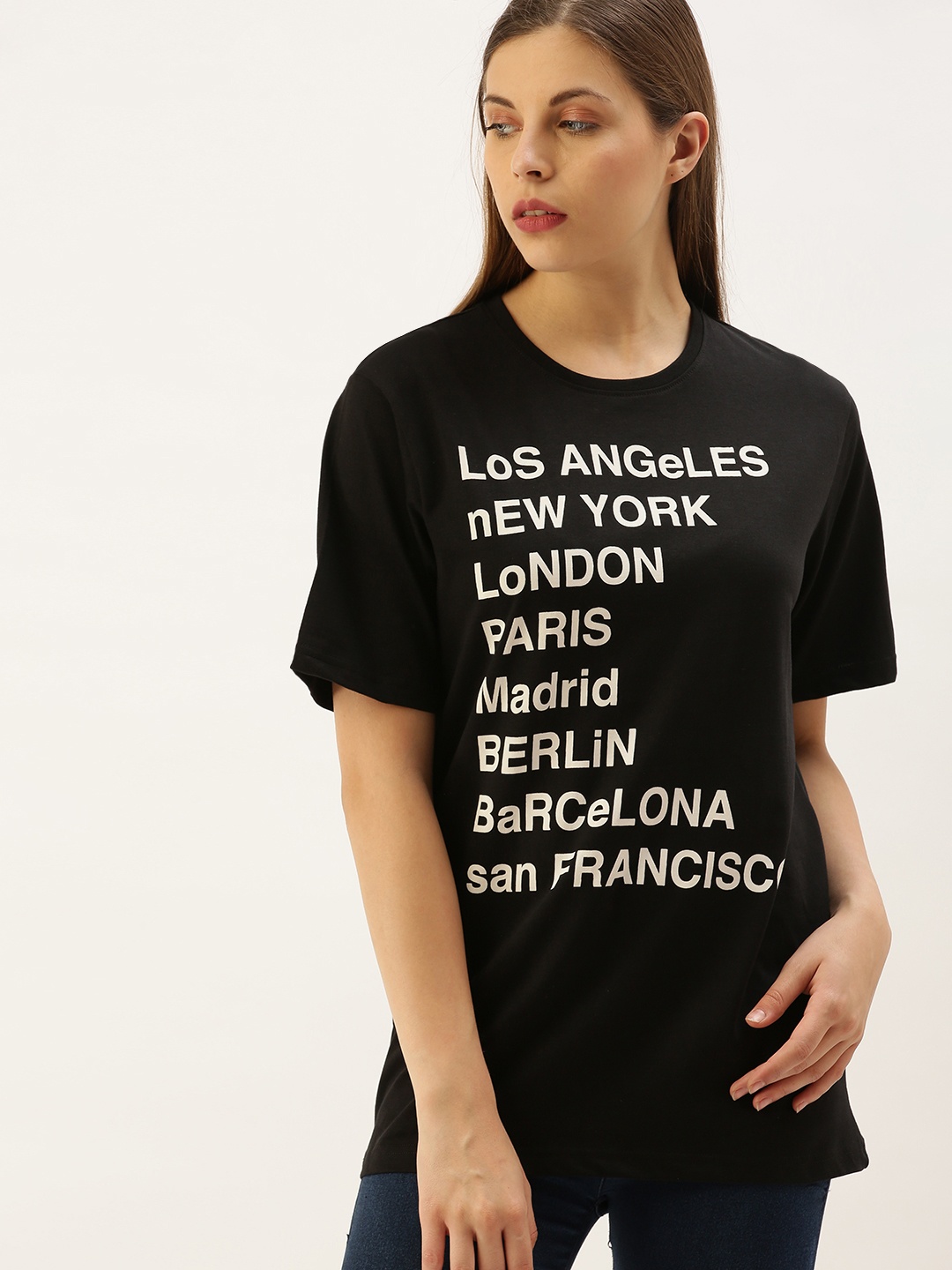 

DILLINGER Women Black Printed Round Neck Oversized T-shirt