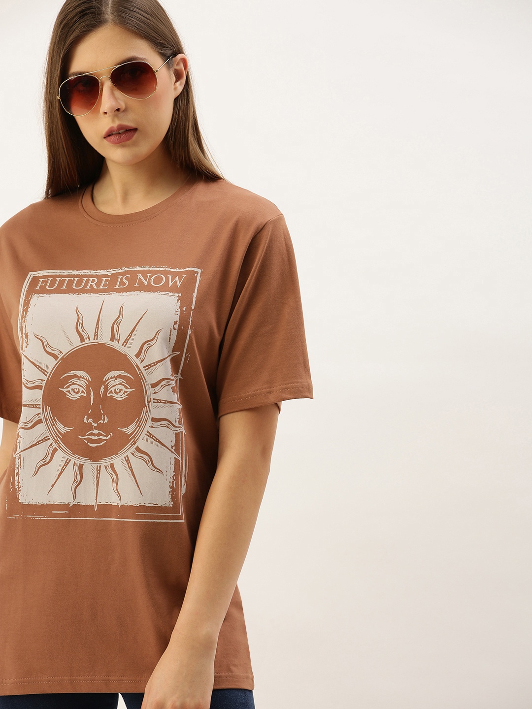 

DILLINGER Women Brown Printed Round Neck Longline Oversized Pure Cotton T-shirt