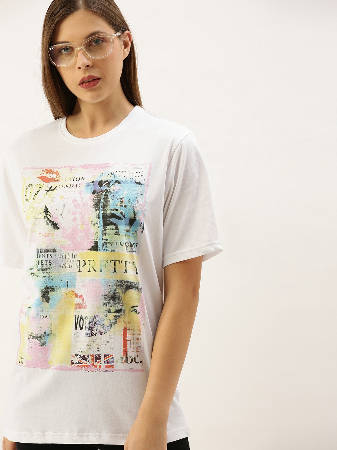 

DILLINGER Women White Printed Round Neck Longline Oversized Pure Cotton T-shirt