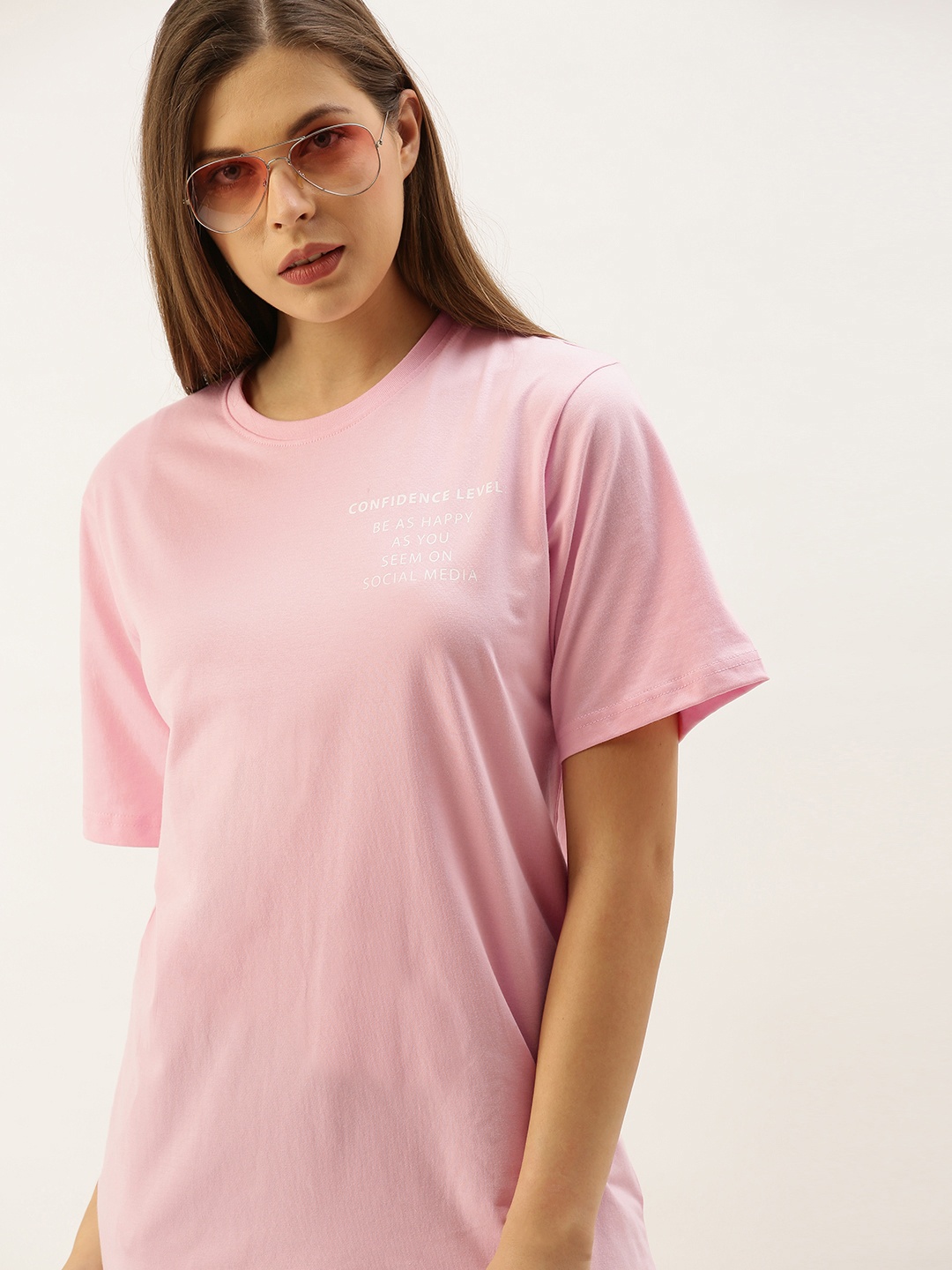 

DILLINGER Women Pink Printed Round Neck Longline Oversized Pure Cotton T-shirt