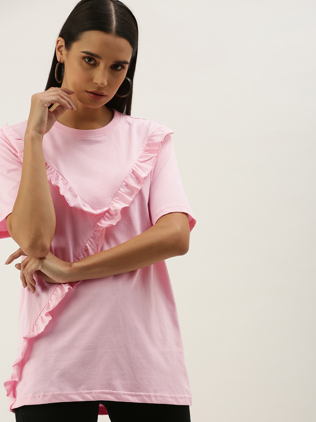 

DILLINGER Women Pink Solid Ruffled Round Neck Oversized Pure Cotton T-shirt
