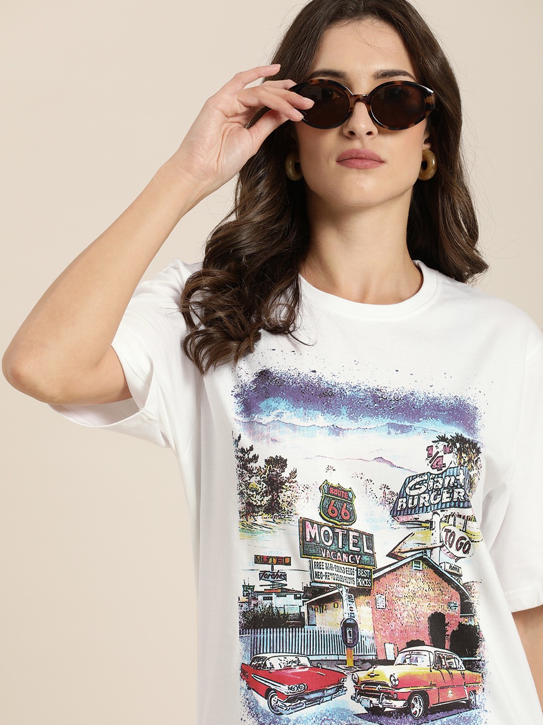 

DILLINGER Women White Printed Oversized Pure Cotton T-shirt
