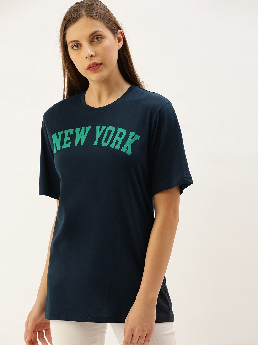 

DILLINGER Women Navy Blue Printed Round Neck Longline Oversized Pure Cotton T-shirt