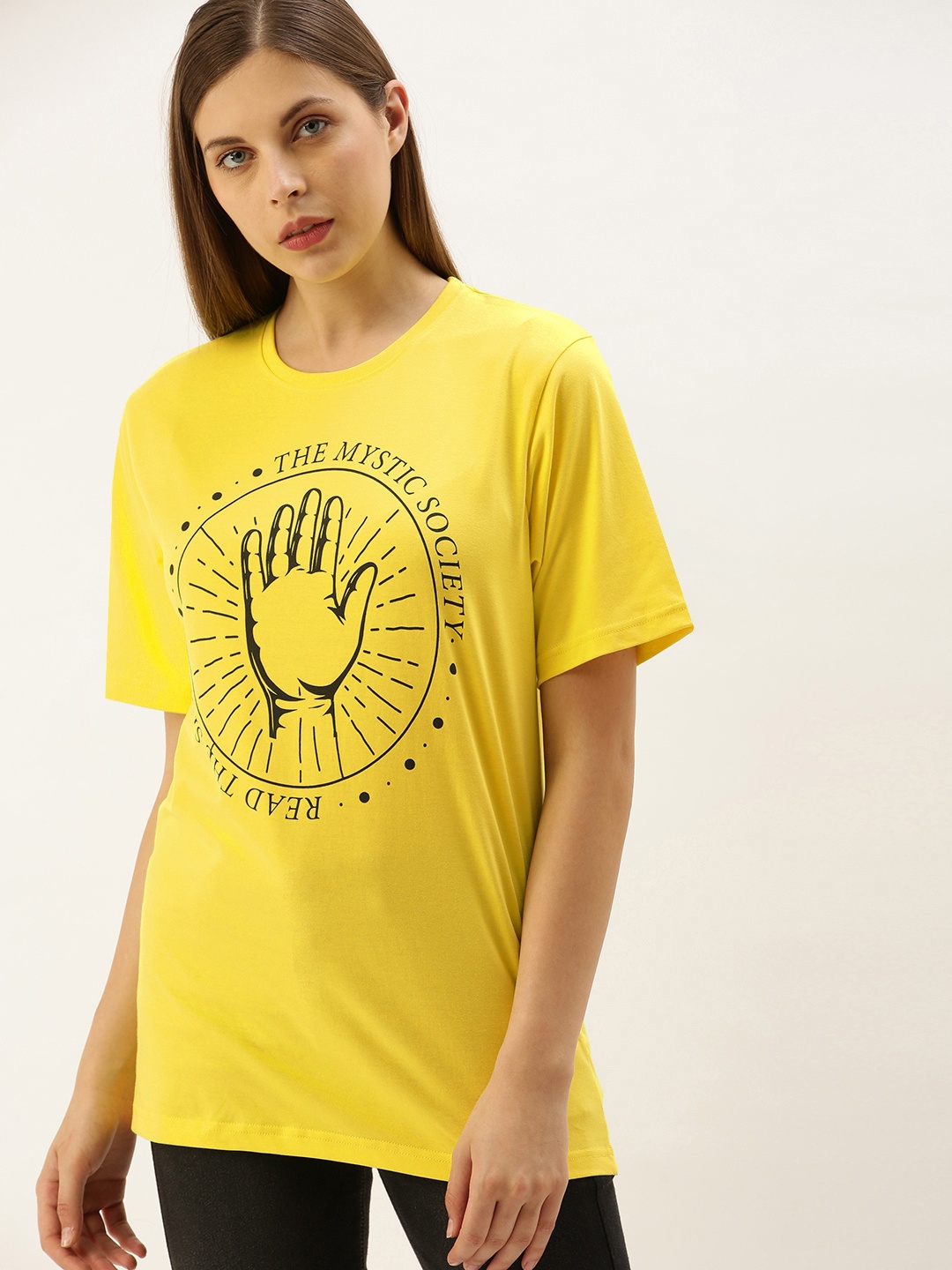 

DILLINGER Women Yellow Printed Round Neck Oversized Pure Cotton T-shirt