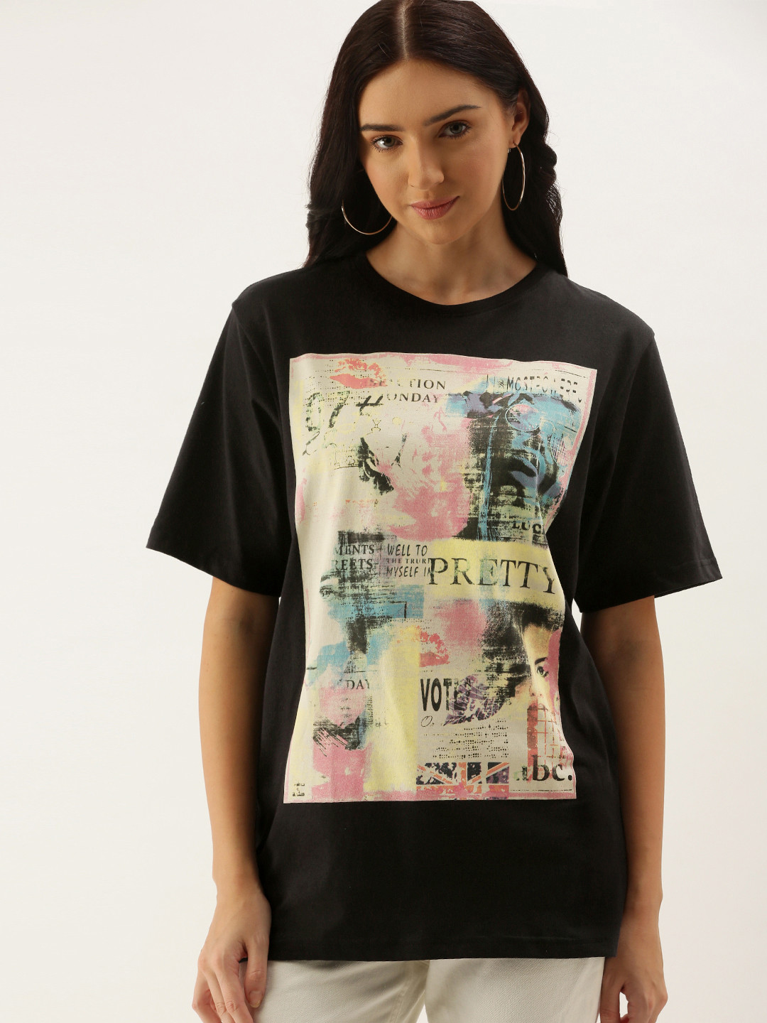 

DILLINGER Women Black Cream-Coloured Graphic Printed Round Neck Oversized Pure Cotton T-shirt