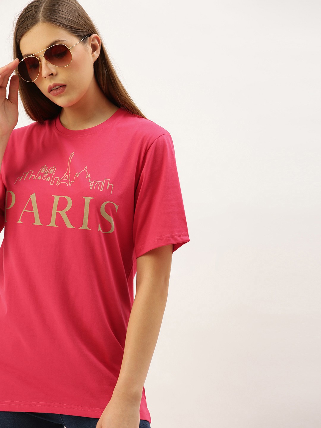 

DILLINGER Women Magenta Pink Printed Round Neck Longline Oversized Pure Cotton T-shirt