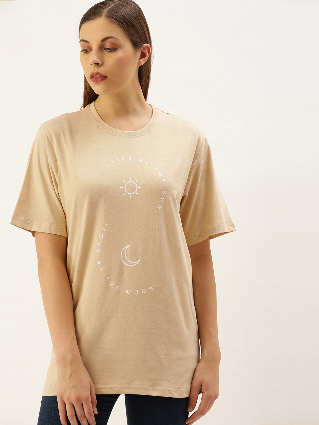 

DILLINGER Women Beige Printed Round Neck Longline Oversized Pure Cotton T-shirt