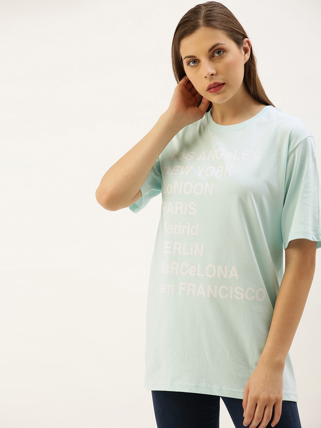 

DILLINGER Women Blue Printed Round Neck Oversized T-shirt