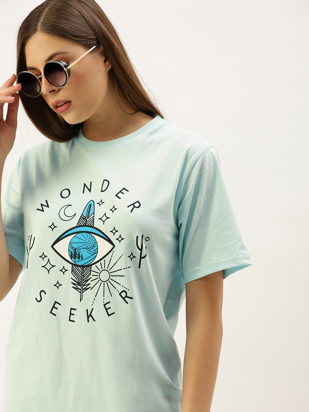 

DILLINGER Women Blue Printed Round Neck Longline Oversized Pure Cotton T-shirt