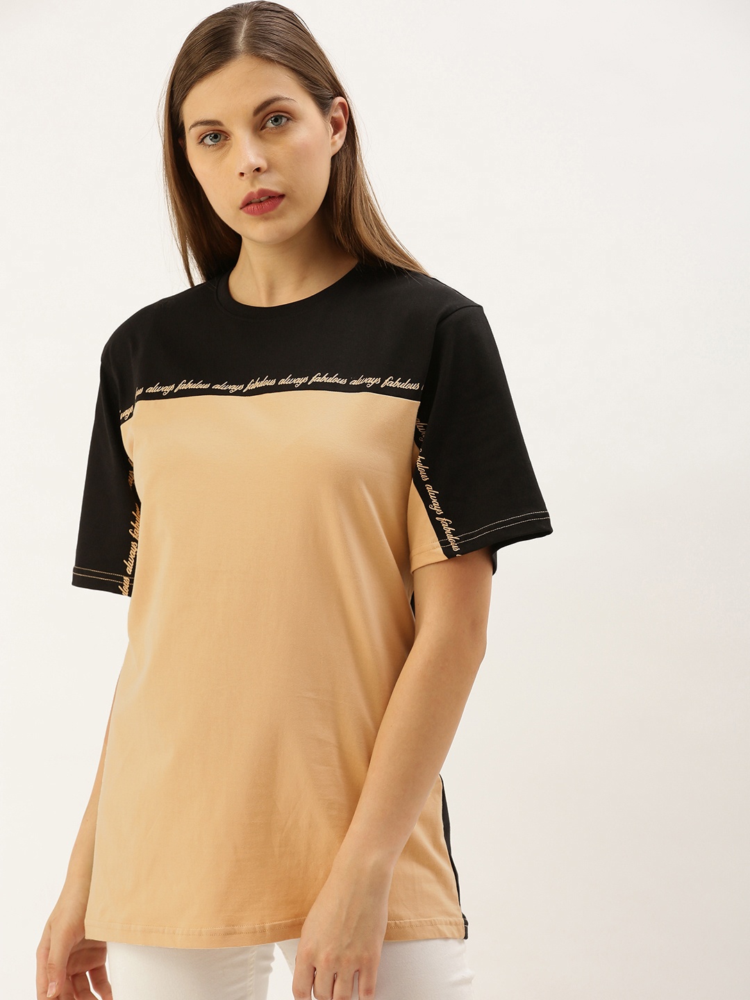 

DILLINGER Women Black Beige Colourblocked Round Neck Longline Oversized Pure Cotton T-shirt