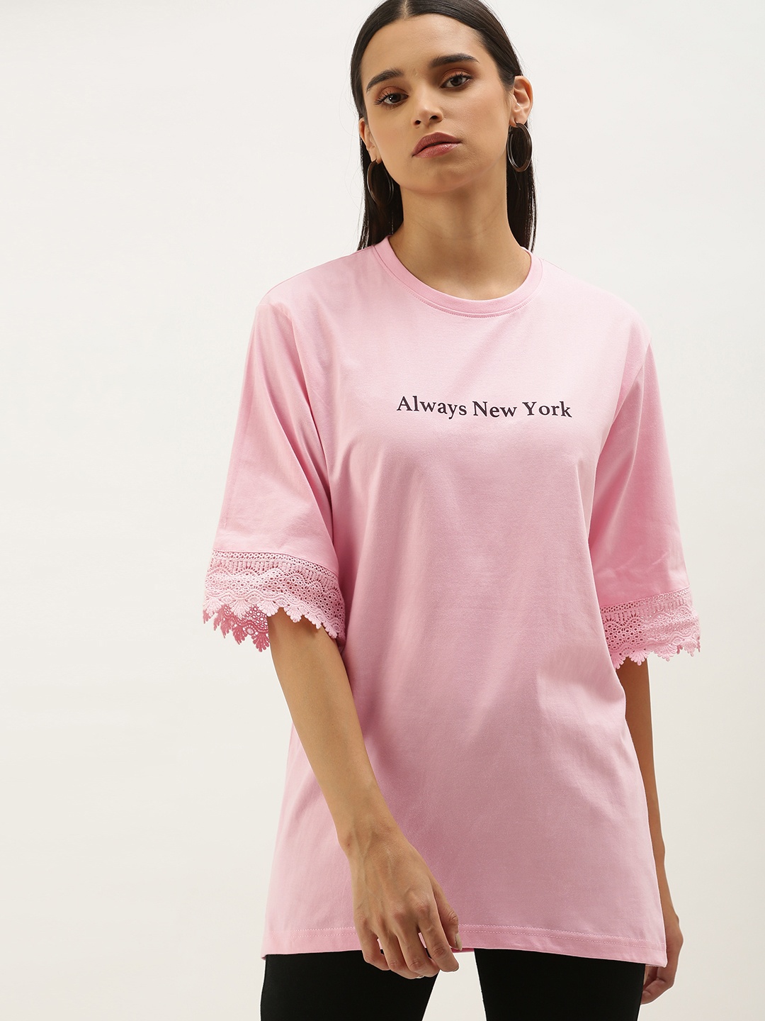

DILLINGER Women Pink Printed Round Neck Oversized Pure Cotton T-shirt with Lace Inserts