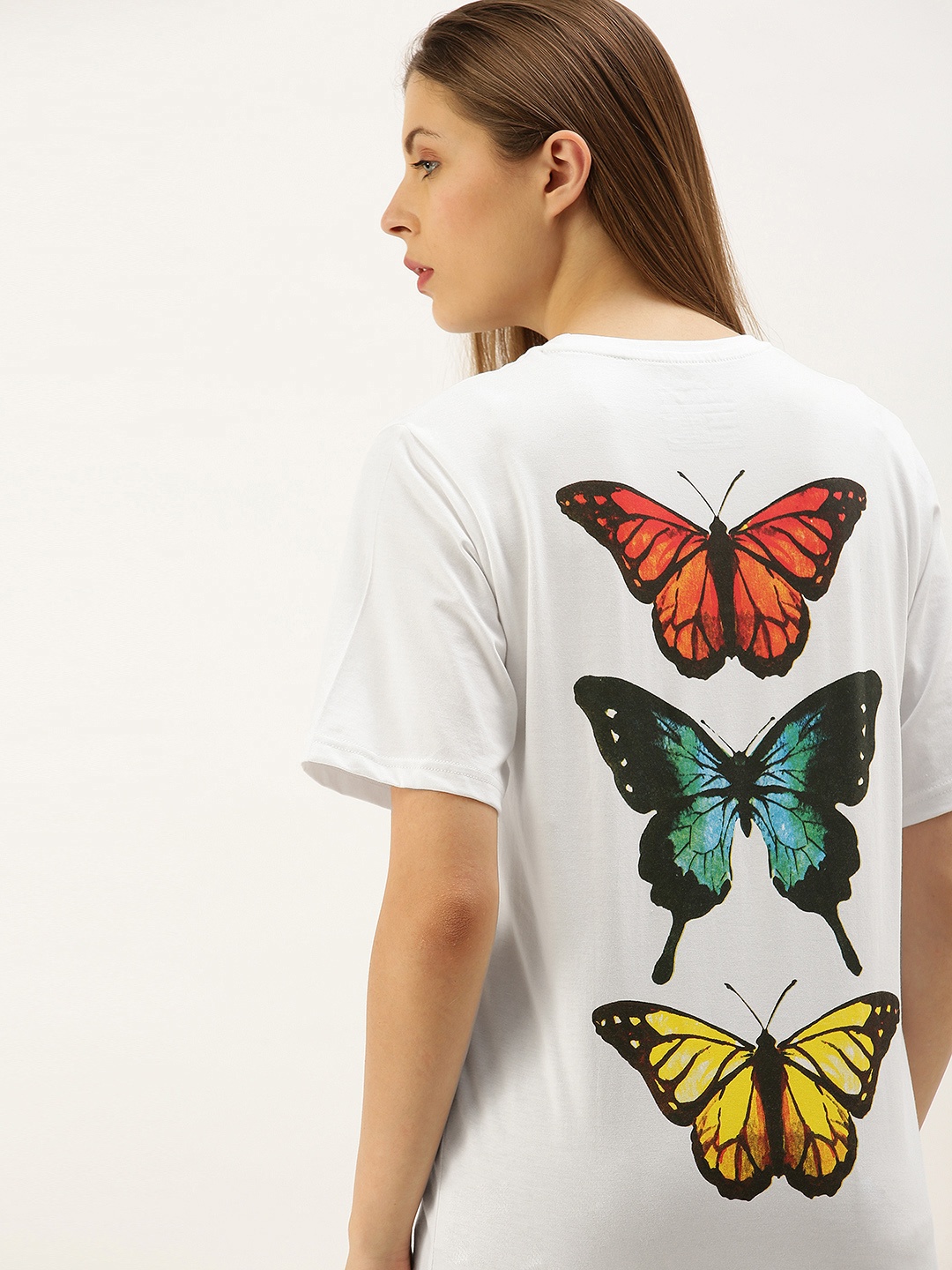 

DILLINGER Women White Back Printed Round Neck Oversized Pure Cotton T-shirt