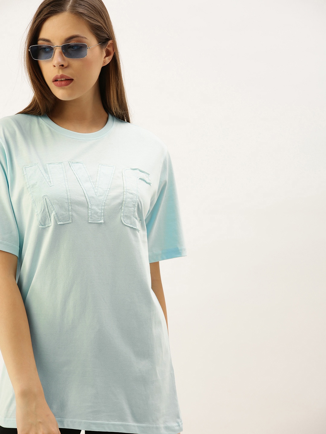 

DILLINGER Women Blue Applique Round Neck Longline Oversized Pure Cotton T-shirt