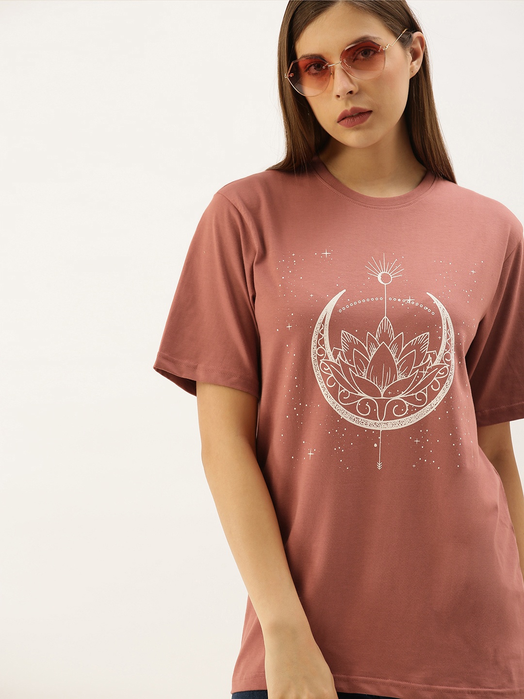 

DILLINGER Women Pink Printed Round Neck Oversized Pure Cotton T-shirt