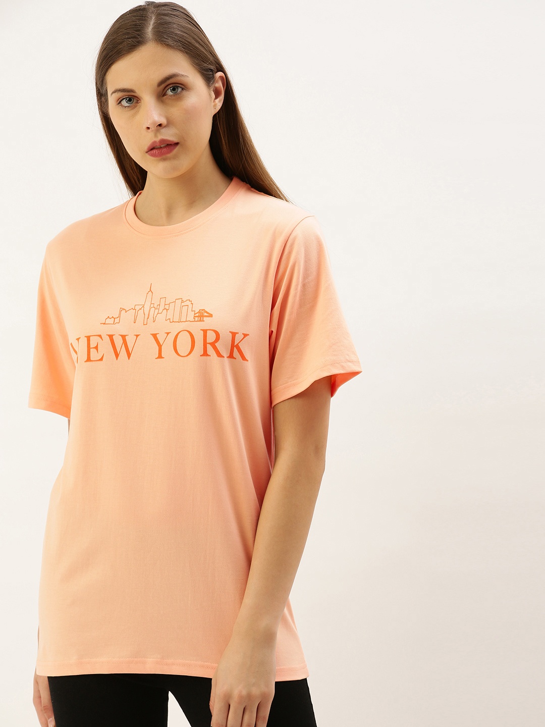 

DILLINGER Women Pink Printed Round Neck Oversized Pure Cotton T-shirt