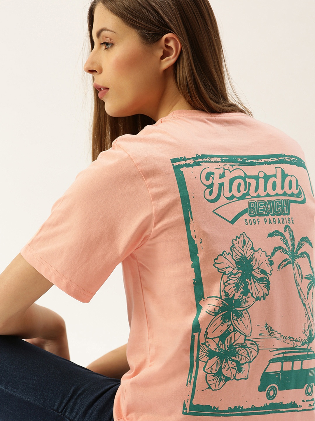 

DILLINGER Women Pink Printed Round Neck Longline Oversized Pure Cotton T-shirt