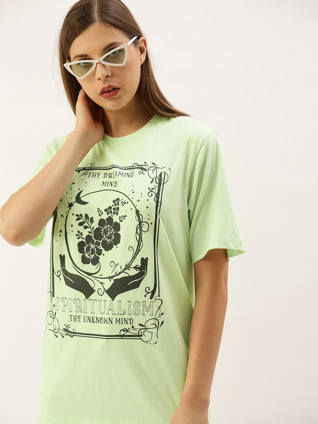 

DILLINGER Women Green Printed Round Neck Oversized Pure Cotton T-shirt