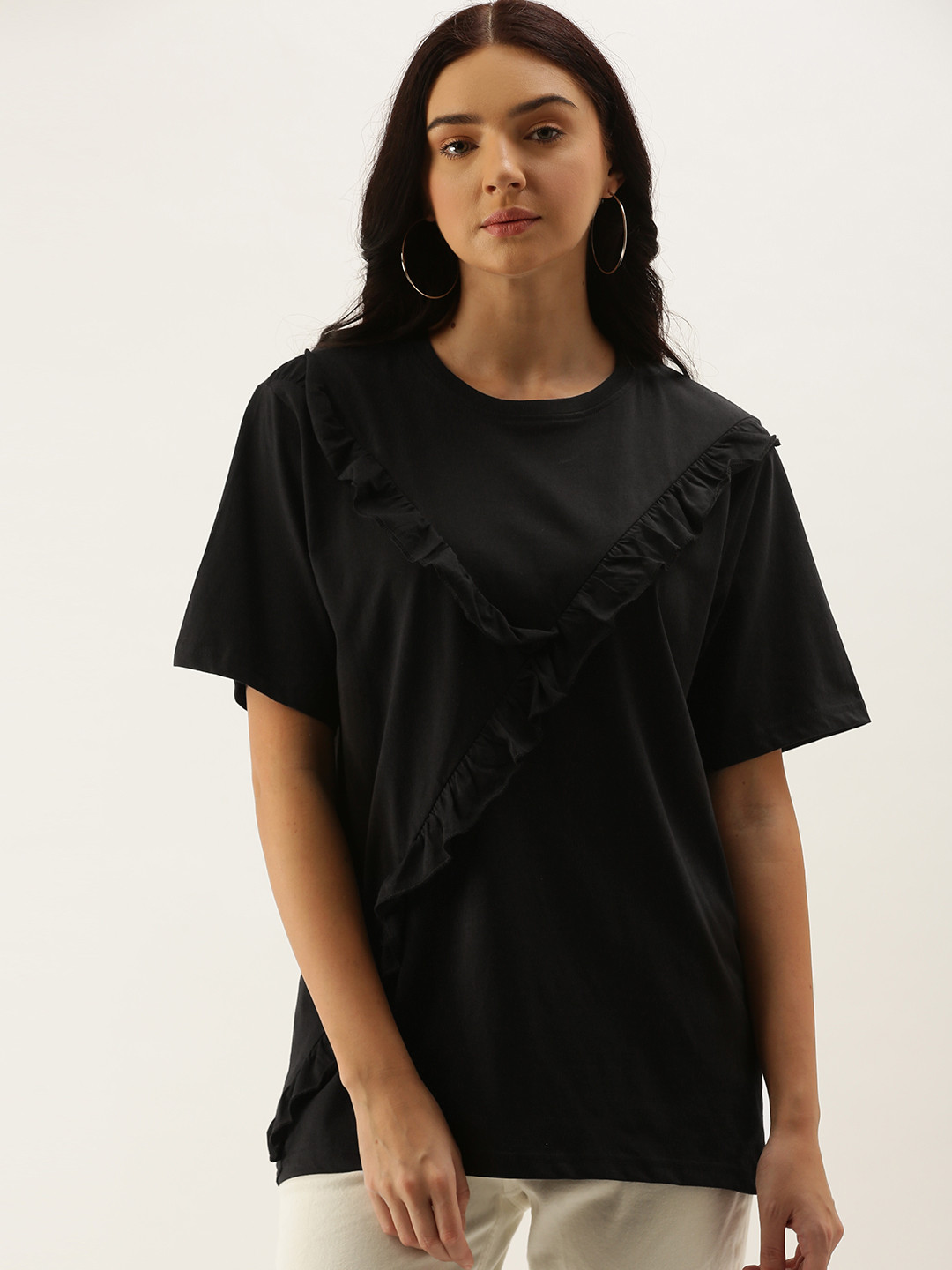 

DILLINGER Women Black Solid Round Neck Oversized Pure Cotton T-shirt With Ruffle Detail