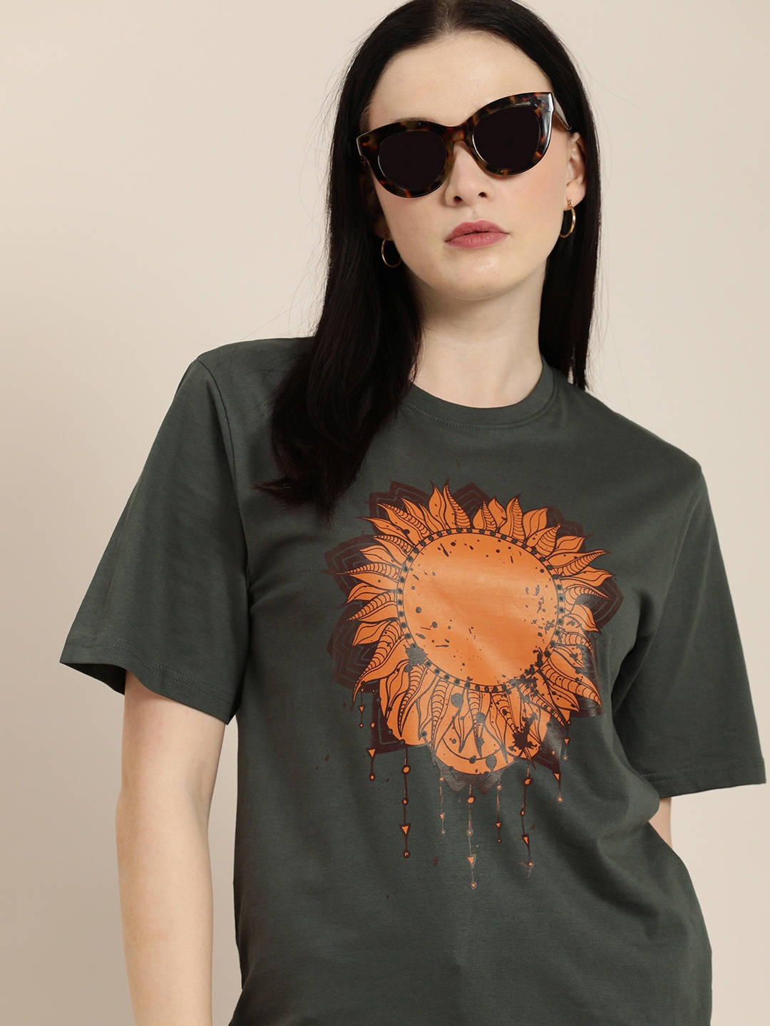 

DILLINGER Women Grey Printed Pure Cotton Loose Pure Cotton T-shirt